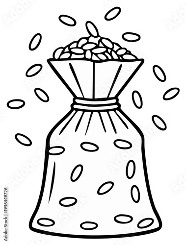 Cartoon sack overflowing with beans with scattered bean shapes, food concept