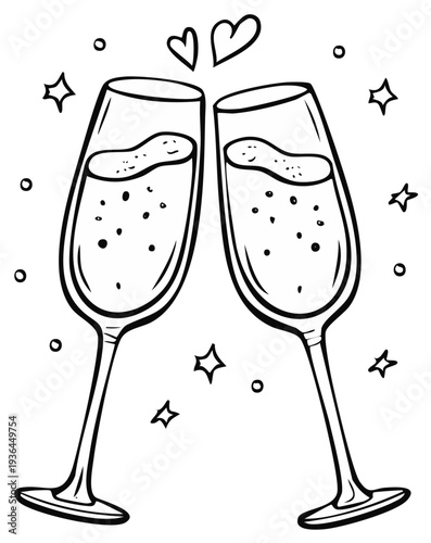 Two champagne flutes toasting with hearts and sparkling stars doodle art celebration