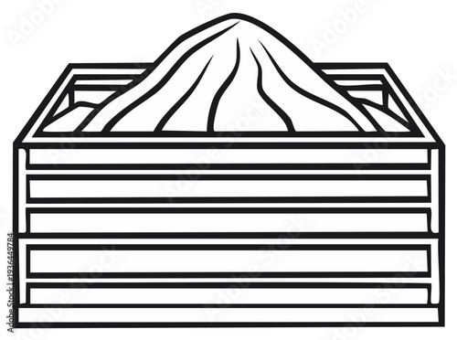 Stylized wood shipping crate filled with lumpy contents rendered as a black and white vector outline