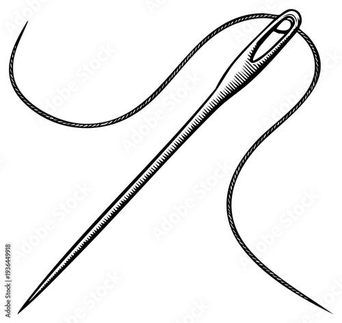 Engraved Sewing Needle with Thread, Detailed Vector Illustration, Handcrafting Tool Design, Apparel Tailoring and Textile Art