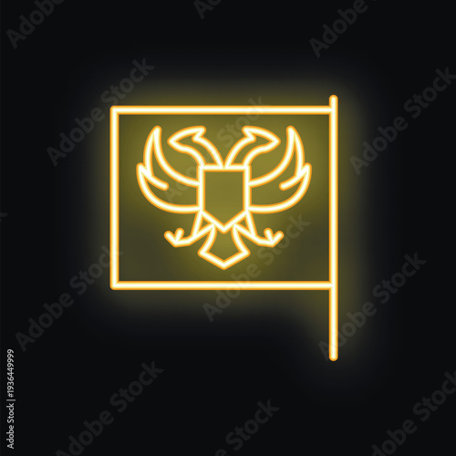 Neon sign showing a double headed eagle with a shield on its chest, a symbol often associated with empires and power