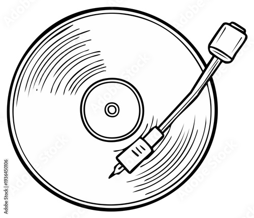 Vinyl record player illustration in a simple line drawing style.