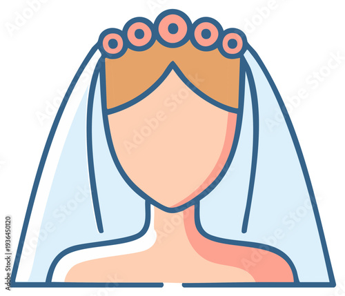 Minimalist bridal illustration featuring a graceful woman with a flowing wedding veil and elegant circlet headpiece