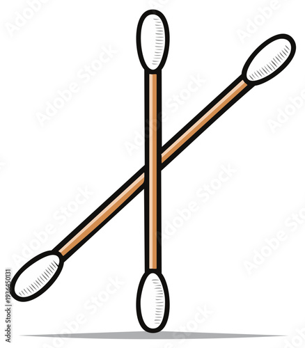 Two Cotton Swabs Crossed with White Cotton Tips and Wooden Sticks Isolated
