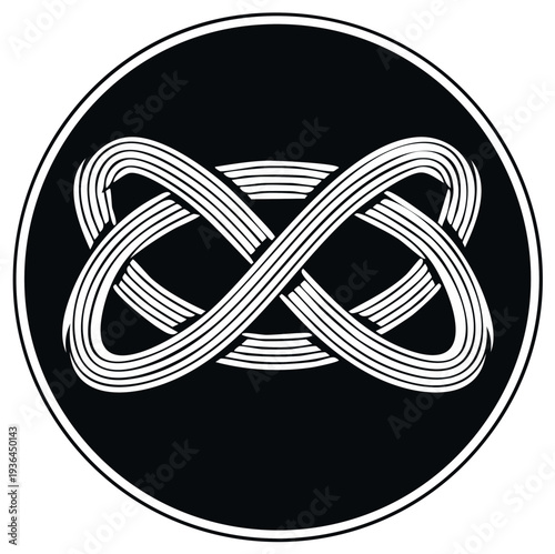Interlocking infinity symbol in a black circle with white line art illustration