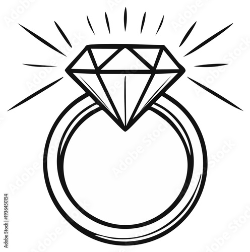 Hand-drawn outline of a sparkling diamond ring, representing engagement, love, and luxury with a simple, iconic design.