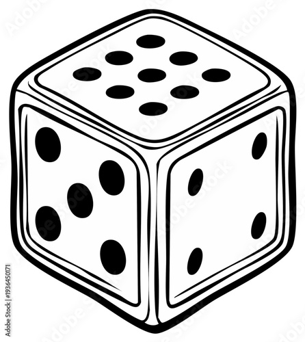 Isolated isometric illustration of a white six-sided die showing numbers three four and five