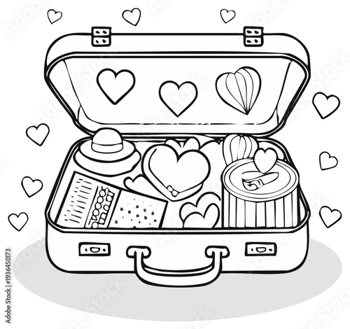 Open suitcase filled with heart shaped objects and gifts for Valentines Day in linear vector style.