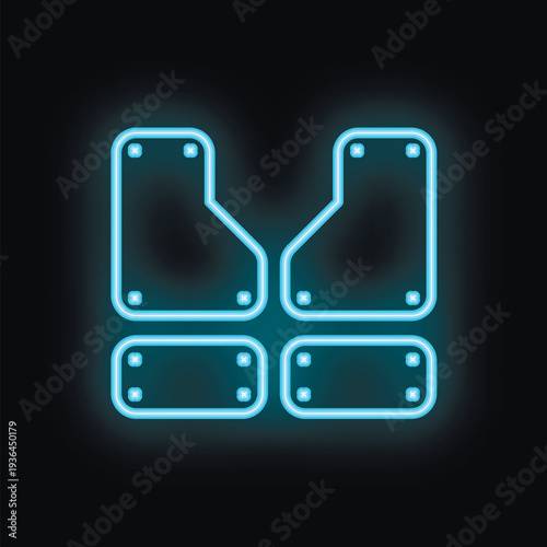 Neon blue bulletproof vest icon glowing on black background