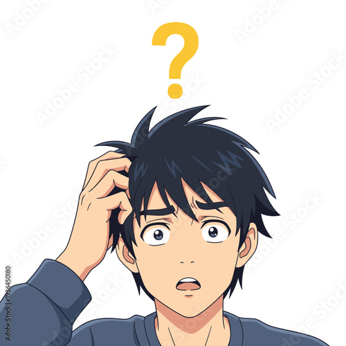 Confused young man scratching head with question mark above.