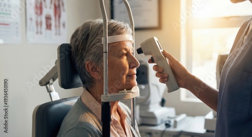 Senior woman undergoing eye pressure test in medical clinic