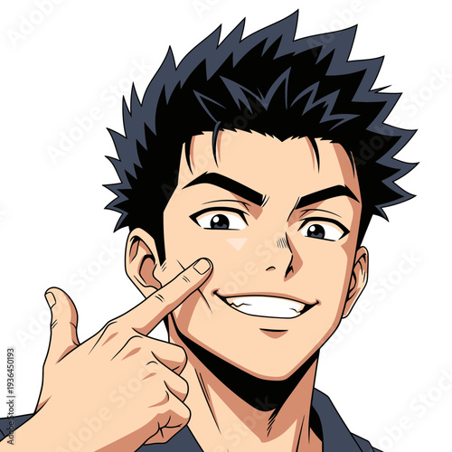Anime style young man pointing at his cheek with a smile.