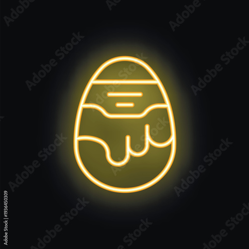 Yellow neon easter egg dripping with chocolate on dark background glowing brightly