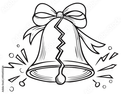 Cracked Jingle Bell with Ribbon Bow and Shards Drawing Illustration