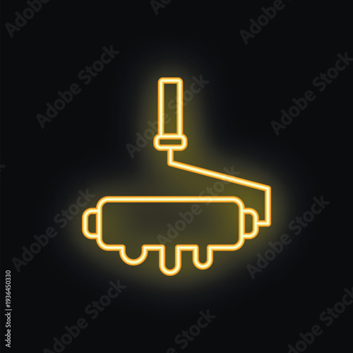 Neon sign of a paint roller dripping yellow paint on a black background, perfect for home improvement or diy projects