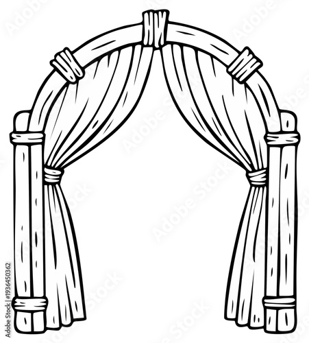 Hand drawn sketch of a wooden wedding arch draped with flowing white fabric
