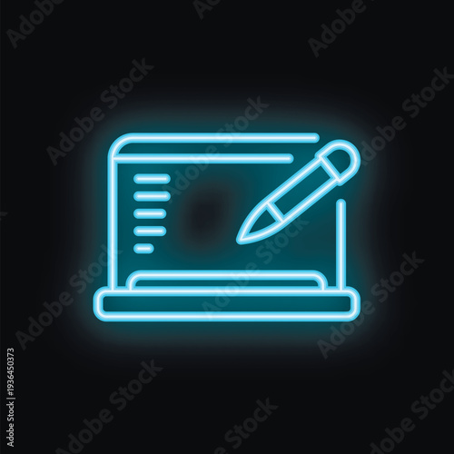 Blue neon icon of a laptop with a pen on a black background representing creating digital content
