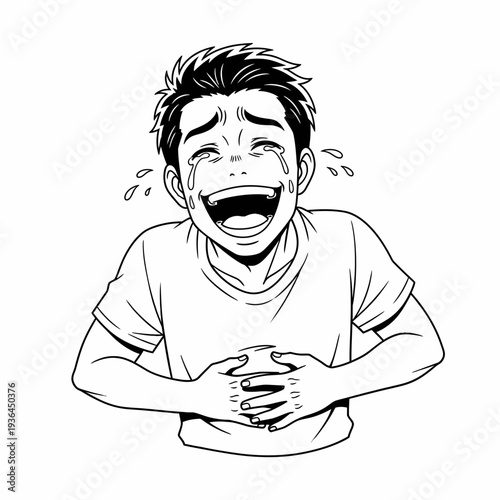 Young man laughing hysterically with tears of joy.