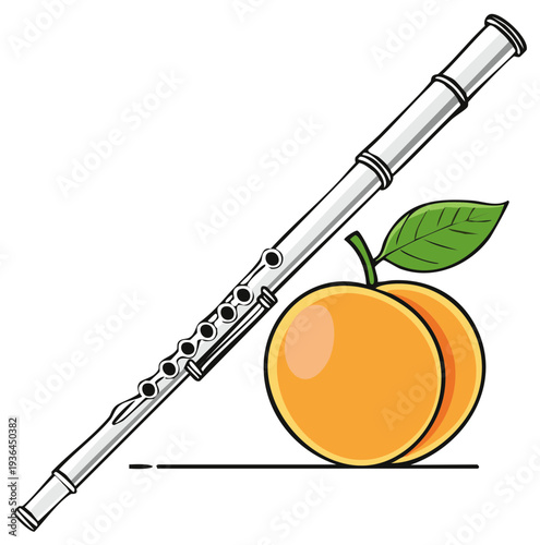 Cartoon image of a flute resting against a peach with green leaf, food and music