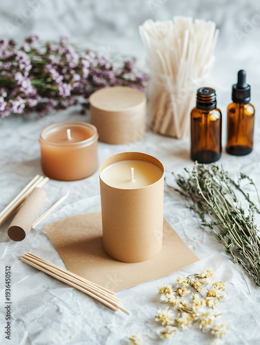 A selection of candle making supplies including wax, wicks, and essential oils, ideal for crafting aromatic candles