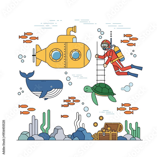 Scuba diver explores underwater world with submarine, whale, turtle, and treasure chest.