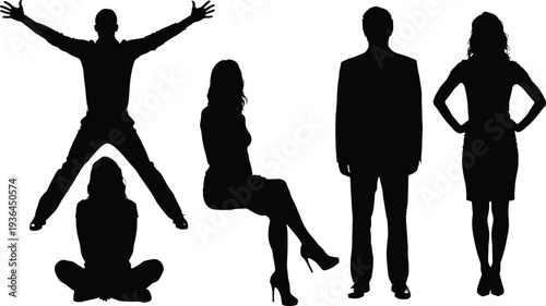 Diverse collection of black people silhouettes featuring man jumping for joy woman sitting elegantly businessman standing and girl posing for lifestyle and business design