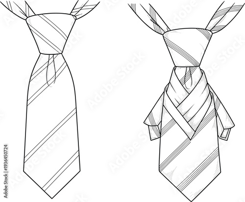 Standard and decorative necktie knots front view fashion illustration, striped tie sketch, formal attire styling design drawing comparison
