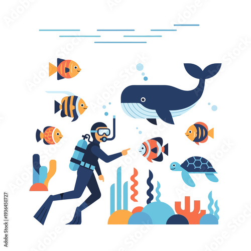 Scuba Diver Exploring Ocean Life with Whale, Turtle, and Fish
