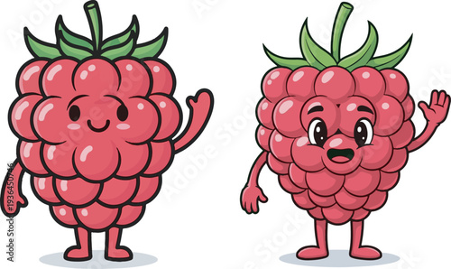Cute Cartoon Raspberry Characters Vector Illustration Set with Waving Hands and Happy Faces, Ideal for Kids' Products, Healthy Food Concepts, and Summer Fruit Designs