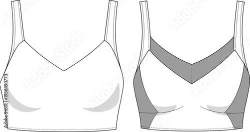 Sports bra technical flat fashion illustration, V neckline thin straps seamless panel color block design garment construction drawing sketch