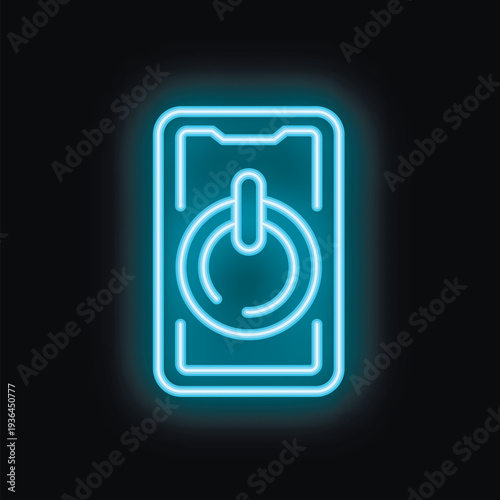 Blue neon sign of a smartphone with a power button on a black background