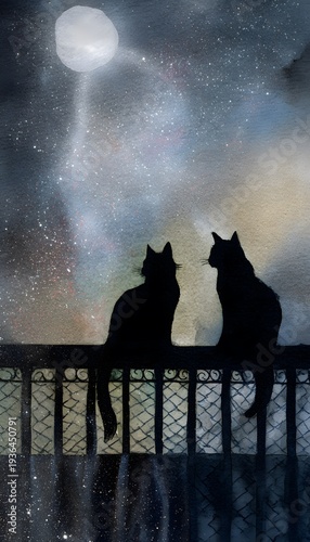 Mystical watercolor cats on fence bathed in moonlight a dreamy nocturnal illustration