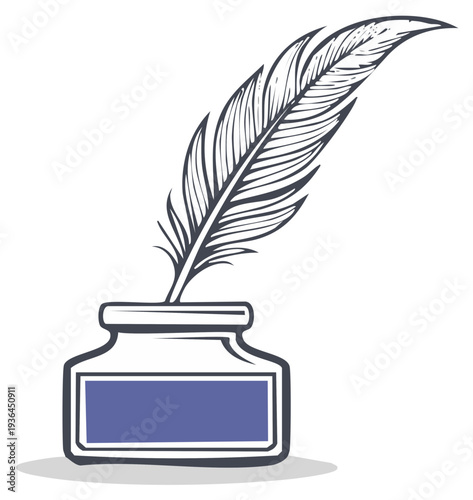 Inkwell and Quill Pen Illustration, Writing Concept, Feather Pen in Ink Bottle