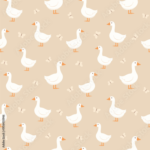 Seamless pattern with  white geese and butterflies on a light background.