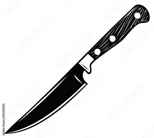 Kitchen knife illustration, sharp blade, wooden handle, cooking utensils, monochrome design