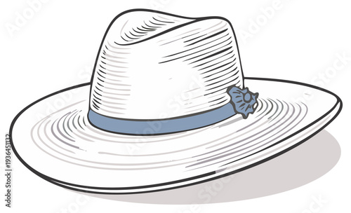 Elegant summer hat with wide brim blue ribbon and seashell decoration vector illustration