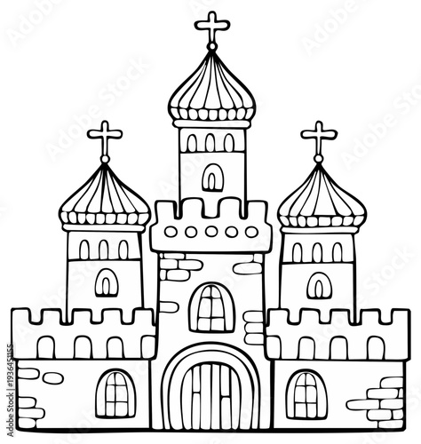 Cartoon drawing of an orthodox church with onion domes and crosses.