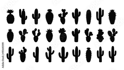 A collection of various cactus silhouettes on a white background