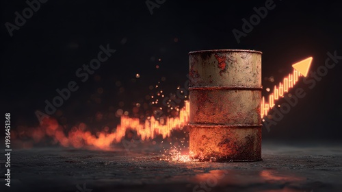 Global energy crisis concept with oil barrel and glowing rising financial arrow
