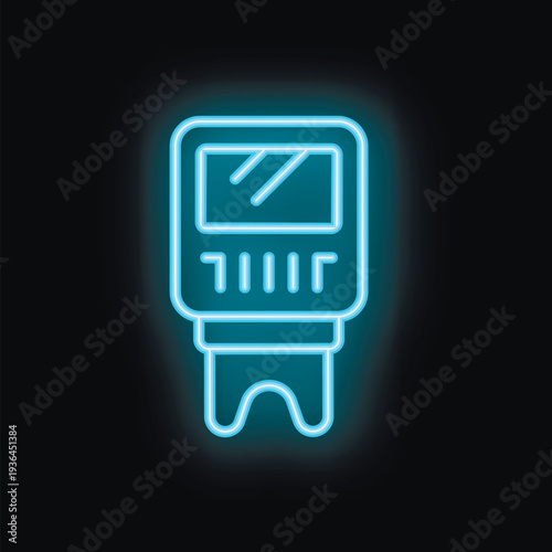 Blue glowing neon icon of a glucometer measuring blood sugar levels, isolated on a black background