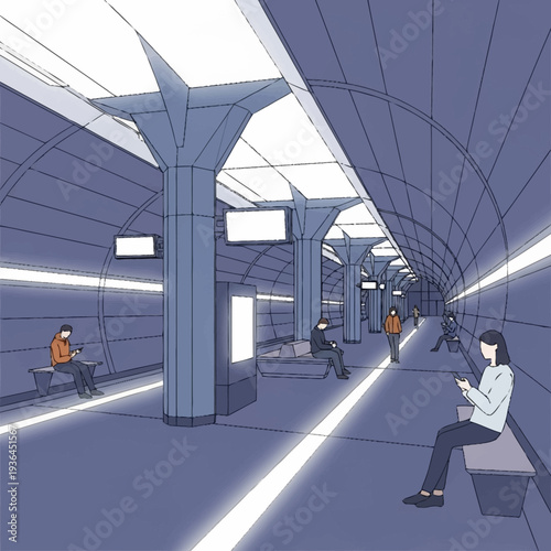 Woman Sitting in Modern Subway Station.