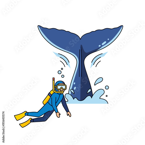 Diver explores ocean depths near a majestic blue whale tail fluke splashing water