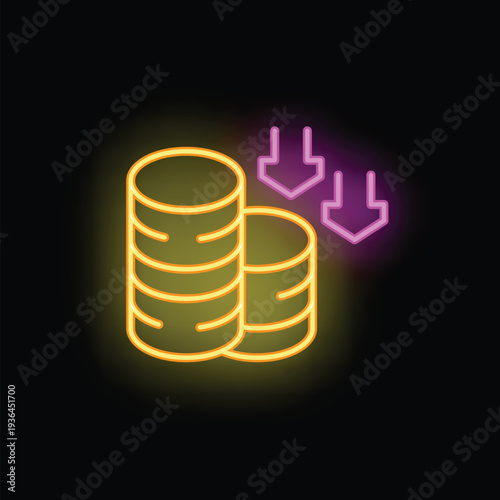 Neon icon of stacks of coins with down arrows over them, representing a decrease in wealth