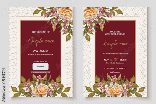 WEDDING INVITATION FRAME WITH FLOWER DECORATIONS AND FRESH LEAVES