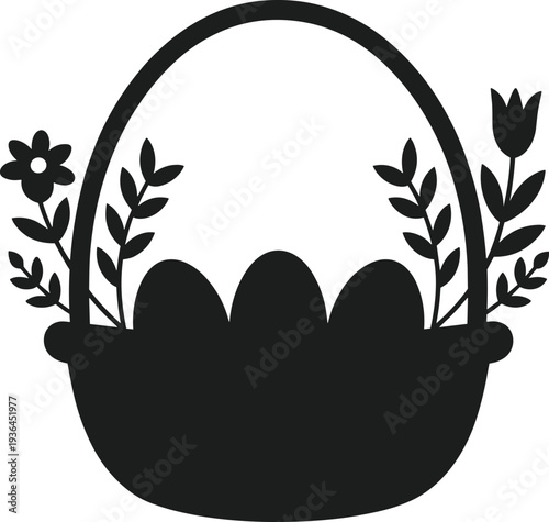 Black silhouette easter basket with eggs and flowers vector