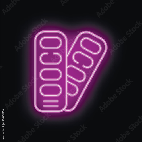Bright purple neon sign depicting two blister packs of pills, glowing on a black background