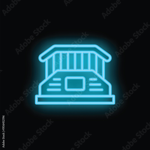 Blue neon icon of a train platform glowing on a black background