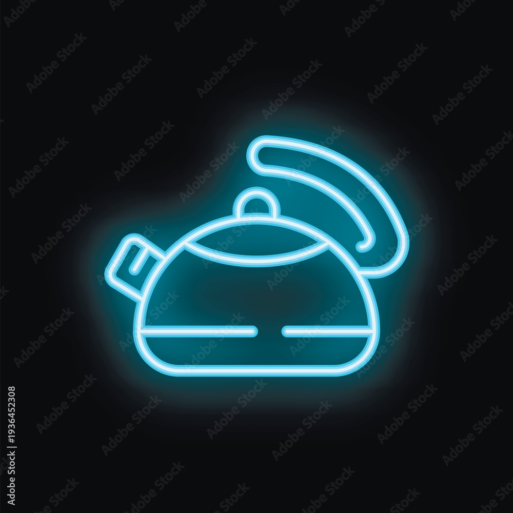 Obraz premium Blue neon sign of a boiling kettle on a black background, glowing with steam coming out of the spout