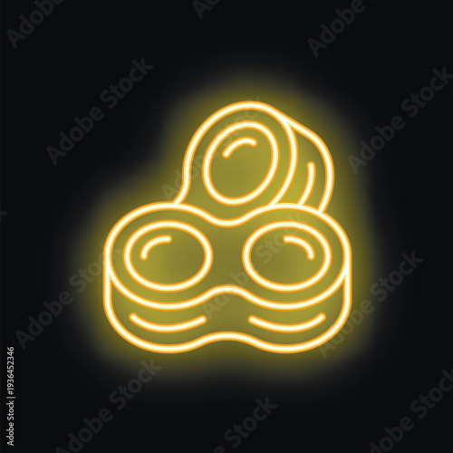 Neon sign representing a fidget spinner, a popular stress relief toy, glowing yellow against a dark background