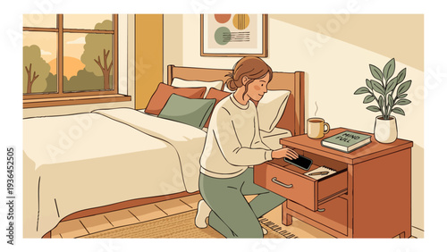 Digital Age Human Experience - Woman Putting Smartphone Away in Drawer for Digital Detox at Sunset Flat Vector Illustration